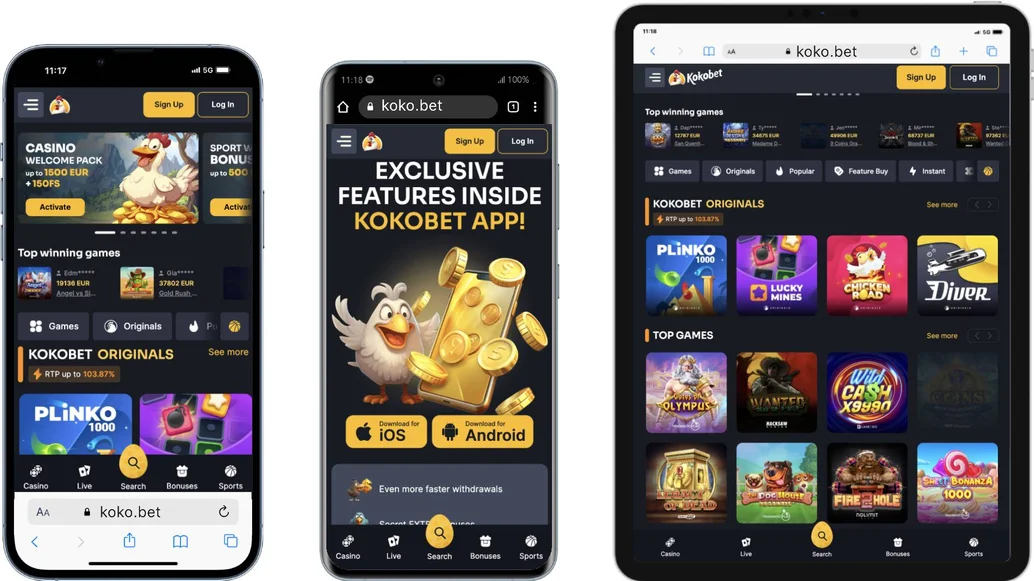 Download de mobiele app kokobet op uw Android- of iOS-telefoon.